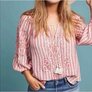 Anthropologie Akemi + Kin Linen Blend Audria Peasant Top 3/4‎ Sleeves Size M